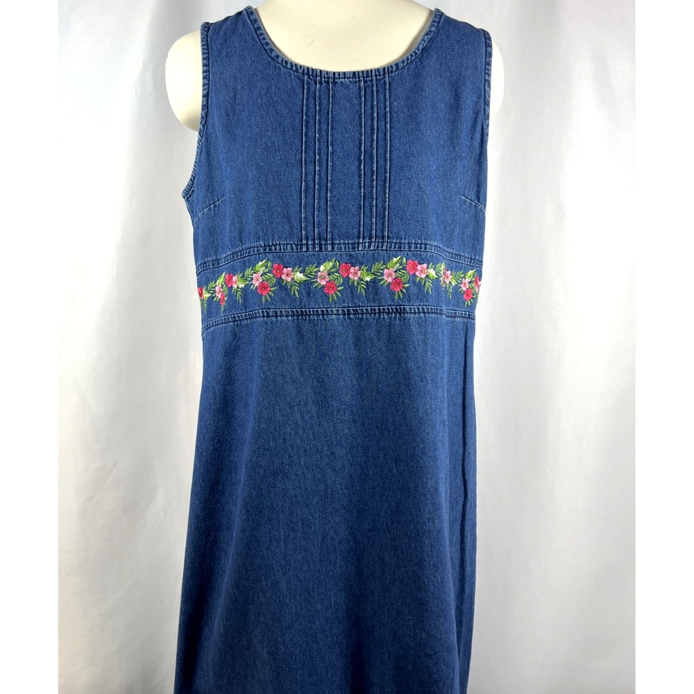 Erika Vintage Blue Denim Jumper Dress Floral Embroidery Side Slits Size Large